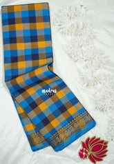 Yellow, Blue and Midnight Blue - Classic Kanchi Cotton Paalum Pazhamum kandangi Kattam Annam Zari Border without Blouse - Best for Temple Visit