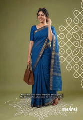 Blue with Midnight Blue - Classic Kanchi Cotton Kandangi Checks with Mango Zari Border without Blouse - Best for Temple Visit