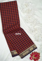 Dark Red with Navy Blue - Classic Kanchi Cotton Kandangi Checks Zari Border without Blouse - Best for Temple Visit