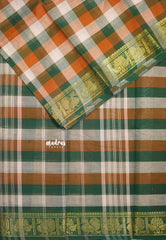Beige, Mustard Orange and Green - Classic Kanchi cotton Paalum Pazhamum Kandangi Kattam with Peacock Border without Blouse - Best for Temple Visit
