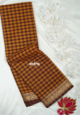 Mustard Yellow and Brown - Classic Kanchi Cotton Kandangi Checks Floral Zari Border without Blouse - Best for Temple Visit