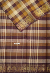 Beige, Mustard and Brown - Classic Kanchi cotton Paalum Pazhamum kandangi Kattam with Peacock Border without Blouse - Best for Temple Visit