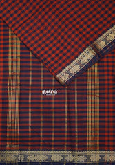 Dark Red with Navy Blue - Classic Kanchi Cotton Kandangi Checks Zari Border without Blouse - Best for Temple Visit