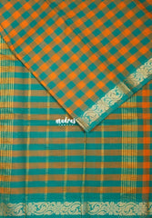 Yellowish Orange with Teal Green - Classic Kanchi Cotton Kandangi Checks Zari Border without Blouse - Best for Temple Visit