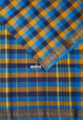 Yellow, Blue and Midnight Blue - Classic Kanchi Cotton Paalum Pazhamum kandangi Kattam Annam Zari Border without Blouse - Best for Temple Visit
