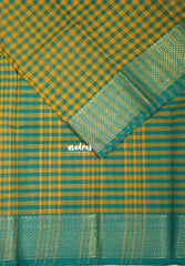 Green with Yellowish Orange - Classic Kanchi Cotton Kandangi Checks Zari Border without Blouse - Best for Temple Visit