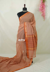 Beige with Brick Orange - Classic Kanchi Cotton Kandangi Checks with Zari Border without Blouse - Best for Temple Visit
