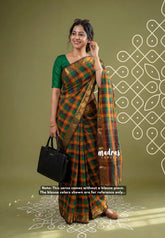 Yellowish Orange, Green and Brown - Classic Kanchi Cotton Paalum Pazhamum kandangi Kattam with Ruddraksham and Temple Border without Blouse - Best for Temple Visit