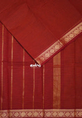 Brick Maroon - Classic Kanchi Cotton Kandangi Micro Checks with Rudraksham Zari Border without Blouse - Best for Temple Visit