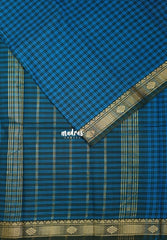 Blue with Midnight Green - Classic Kanchi Cotton Kandangi Checks with Traditional Zari Border without Blouse - Best for Temple Visit
