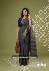 Greenish Grey with Blue - Classic Kanchi Cotton Kandangi Checks Zari Border without Blouse - Best for Temple Visit