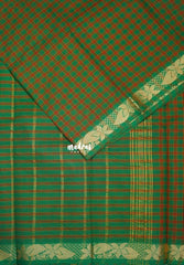 Green with Orange - Classic Kanchi Cotton Kandangi Checks Floral Zari Border without Blouse - Best for Temple Visit