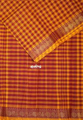 Yellowish Orange with Maroon - Classic Kanchi Cotton Kandangi Checks with Zari Border without Blouse - Best for Temple Visit