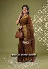 Mustard and Brown - Classic Kanchi Cotton Kandangi Checks Zari Border without Blouse - Best for Temple Visit
