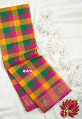 Green, Orange and Pink - Classic Kanchi cotton Paalum Pazhamum kandangi Kattam with Peacock Border without Blouse - Best for Temple Visit