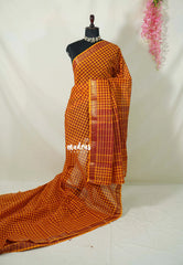 Yellowish Orange with Maroon - Classic Kanchi Cotton Kandangi Checks with Zari Border without Blouse - Best for Temple Visit