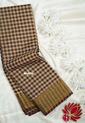 Beige with Brown - Classic Kanchi Cotton Kandangi Checks with Zari Border without Blouse - Best for Temple Visit