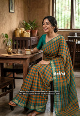 Yellowish Orange with Teal Green - Classic Kanchi Cotton Kandangi Checks Zari Border without Blouse - Best for Temple Visit