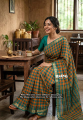 Yellowish Orange with Teal Green - Classic Kanchi Cotton Kandangi Checks Zari Border without Blouse - Best for Temple Visit