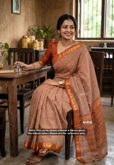 Beige with Brick Orange - Classic Kanchi Cotton Kandangi Checks with Zari Border without Blouse - Best for Temple Visit
