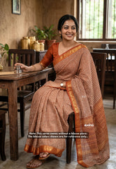 Beige with Brick Orange - Classic Kanchi Cotton Kandangi Checks with Zari Border without Blouse - Best for Temple Visit