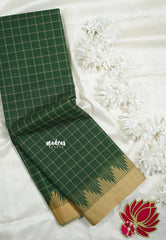 Forest Green - Classic Kanchi chettinad Cotton Kandangi Checks with Temple Weaving Border without Blouse - Best for Temple Visit
