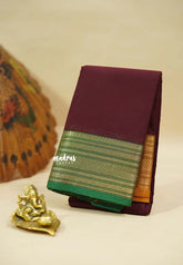 Coffee Brown - Classic Kanchi cotton Saree Plain Ganga Jamuna Border - Best for Temple Visit