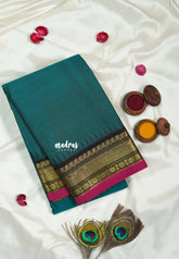 Dark Teal Green - Classic Kanchi cotton Saree Plain body with Getti Zari Border without Blouse - Best for Temple Visit
