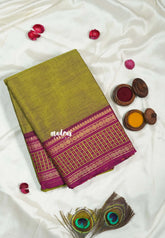 Olive Green - Classic Kanchi cotton Saree Plain body with Thread Weaving Border No Blouse - Best for Temple Visit
