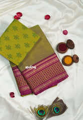 Olive Green - Classic Kanchi cotton Saree Plain body with Thread Weaving Border with Mangalgiri Kolam blouse - Best for Temple Visit