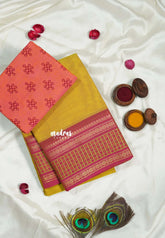 Yellow - Classic Kanchi cotton Saree Plain body with Thread Weaving Border with Mangalgiri Kolam blouse - Best for Temple Visit