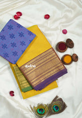 Yellow Glow - Classic Kanchi cotton Saree Plain body with Ganga Jamuna Border with mangalgiri kolam blouse - Best for Temple Visit