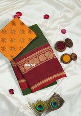 Forest Green - Classic Kanchi cotton Saree Plain body with Thread Weaving Mango and Peacock Border with Mangalgiri Kolam blouse - Best for Temple Visit