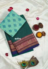 Dark Teal Green - Classic Kanchi cotton Saree Plain body with Thread Weaving Mango and Peacock Border with Mangalgiri Kolam blouse - Best for Temple Visit