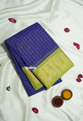 Violet Blue - Fusion Kanchi Cotton in Sungudi Checks Style with Peacock Border with No Blouse - Best for Temple Visit