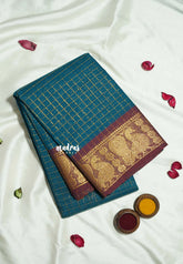 Teal Green - Fusion Kanchi Cotton in Sungudi Checks Style with Peacock Border with No Blouse - Best for Temple Visit