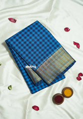 Blue kattam - Classic Kanchi Cotton Kandangi Kattam with Zari Border without Blouse - Best for Temple Visit