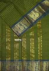 Olive Green - Fusion Kanchi Cotton in Sungudi Checks Style with Peacock Border with No Blouse - Best for Temple Visit