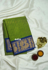 Fresh Green - Fusion Kanchi Cotton in Sungudi Checks Style with Peacock Border with No Blouse - Best for Temple Visit