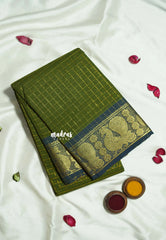 Olive Green - Fusion Kanchi Cotton in Sungudi Checks Style with Peacock Border with No Blouse - Best for Temple Visit