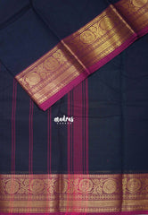Midnight Blue - Classic Kanchi Cotton Plain Body with Rudraksham Border and No Blouse - Best for Small Functions