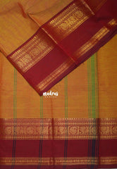 Dual Shade Mustard Glow - Classic Kanchi cotton Saree Plain body with Mango, Mayil and Rudraksham Border No blouse - Best for Temple Visit