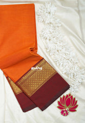 Sendhoor Orange - Classic Kanchi Cotton Plain Body with Skirt Border and No Blouse - Best for Small Functions