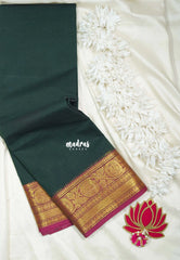 Midnight Green - Classic Kanchi Cotton Plain Body with Rudraksham Border and No Blouse - Best for Small Functions