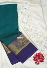 Peacock Green - Classic Kanchi Cotton Plain Body with Yanai Border and No Blouse - Best for Small Functions