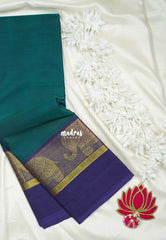 Peacock Green - Classic Kanchi Cotton Plain Body with Yanai Border and No Blouse - Best for Small Functions