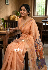 Peach Orange - Linen Cotton Saree Lotus Buttas with Tiny Border - Best for Office Wear | Casual Wear