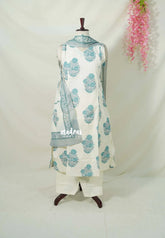 Ivory with Teal Blue - Aavani - Pre-washed Handblock Cotton 3pcs Kurti with Half Inside Sleeve Perfect for Office Wear | Casual Days | Everyday wear
