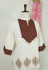 Ivory Beige – Aavani - Pre-Washed Handspun Cotton Ready-Made Short Top for Women Ajrakh Print with Coin Detailing – Perfect for Office & Everyday Wear