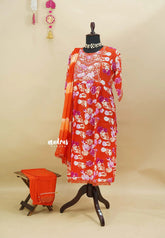 Bright Orange - READYMADE Cotton Nyra Cut Anarkali Kurti Set - Top, Bottom and Dupatta - Best for Small Functions